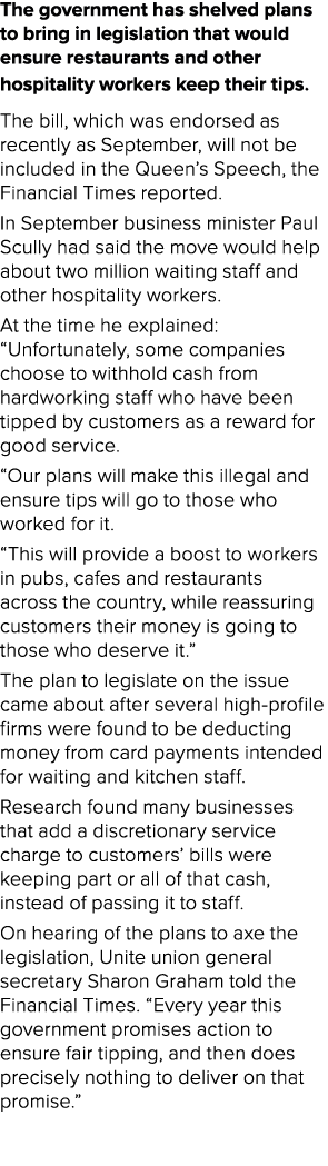 The government has shelved plans to bring in legislation that would ensure restaurants and other hospitality workers    