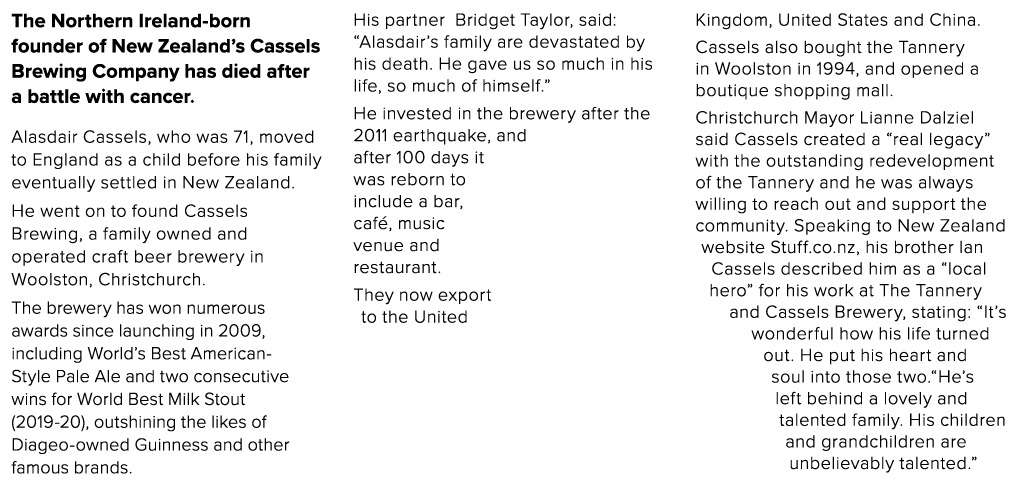 The Northern Ireland-born founder of New Zealand s Cassels Brewing Company has died after a battle with cancer  Alasd   