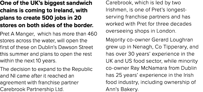 One of the UK s biggest sandwich chains is coming to Ireland, with plans to create 500 jobs in 20 stores on both side   