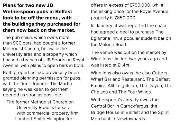Plans for two new JD Wetherspoon pubs in Belfast look to be off the menu, with the buildings they purchased for them    