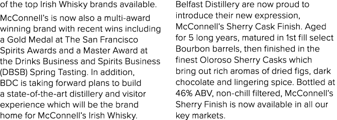 of the top Irish Whisky brands available  McConnell s is now also a multi-award winning brand with recent wins includ   