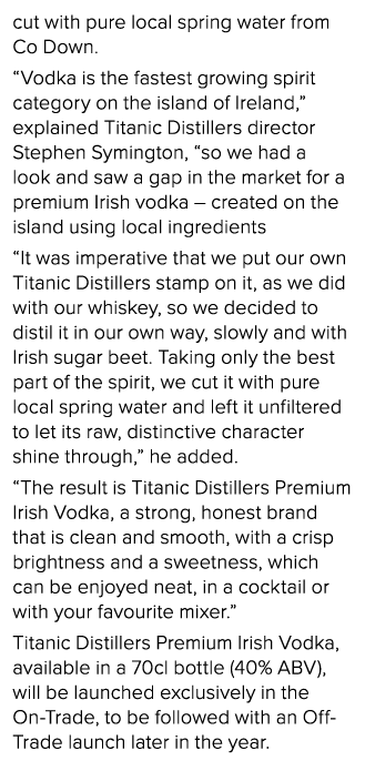 cut with pure local spring water from Co Down   Vodka is the fastest growing spirit category on the island of Ireland   