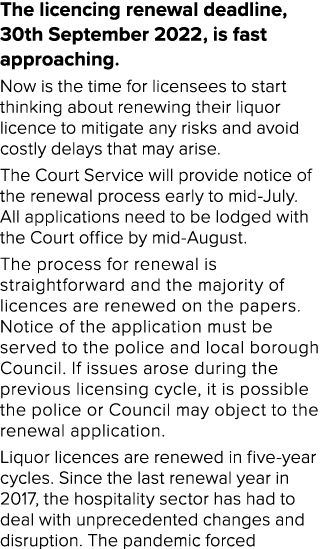 The licencing renewal deadline, 30th September 2022, is fast approaching  Now is the time for licensees to start thin   