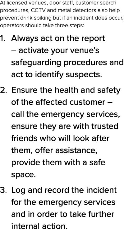 At licensed venues, door staff, customer search procedures, CCTV and metal detectors also help prevent drink spiking    