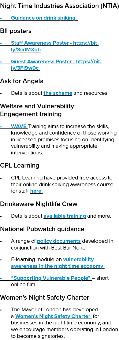 Night Time Industries Association (NTIA)   Guidance on drink spiking  BII posters   Staff Awareness Poster - https:     