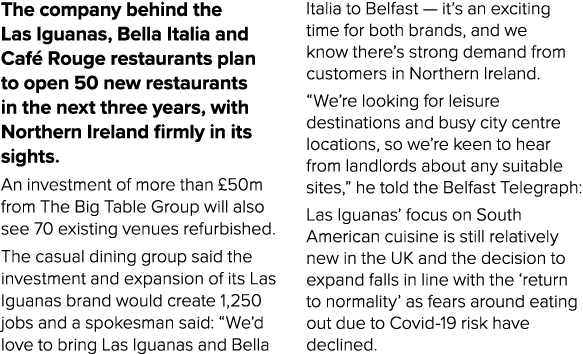 The company behind the Las Iguanas, Bella Italia and Café Rouge restaurants plan to open 50 new restaurants in the ne   