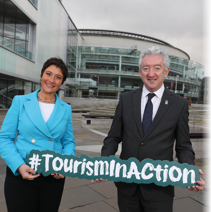 Press Eye - Belfast - Northern Ireland -  24th November 2021   Photo by Matt Mackey     Press Eye     Pictured at the ICC Belfast for the Tourism in Action update are (L-r) Jo Scott, TV Presenter and John McGrillen, CEO Tourism NI 