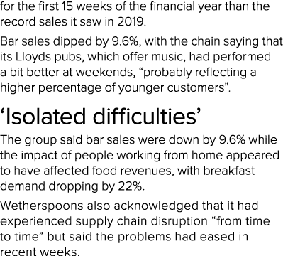 for the first 15 weeks of the financial year than the record sales it saw in 2019  Bar sales dipped by 9 6%, with the   