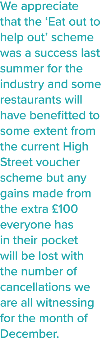 We appreciate that the  Eat out to help out  scheme was a success last summer for the industry and some restaurants w   