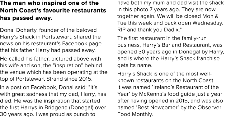 The man who inspired one of the North Coast s favourite restaurants has passed away  Donal Doherty, founder of the be   