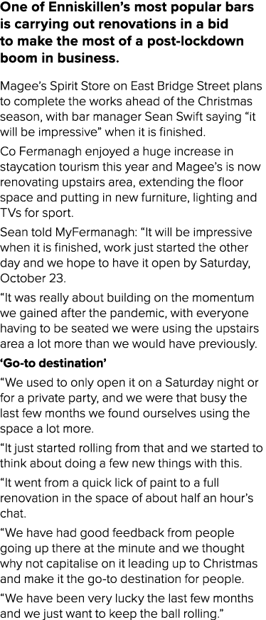 One of Enniskillen s most popular bars is carrying out renovations in a bid to make the most of a post-lockdown boom    