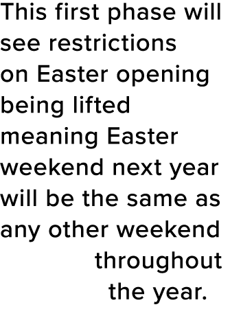 This first phase will see restrictions on Easter opening being lifted meaning Easter weekend next year will be the sa   