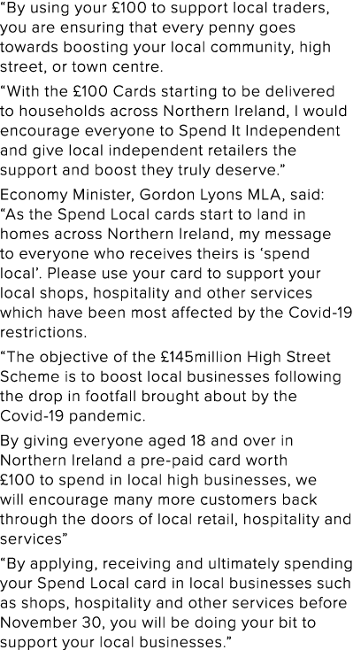  By using your  100 to support local traders, you are ensuring that every penny goes towards boosting your local comm   