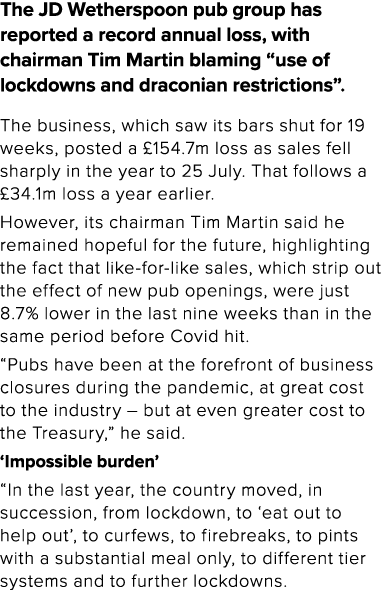 The JD Wetherspoon pub group has reported a record annual loss, with chairman Tim Martin blaming  use of lockdowns an   