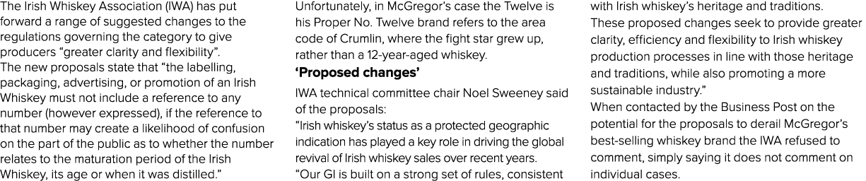 The Irish Whiskey Association (IWA) has put forward a range of suggested changes to the regulations governing the cat   