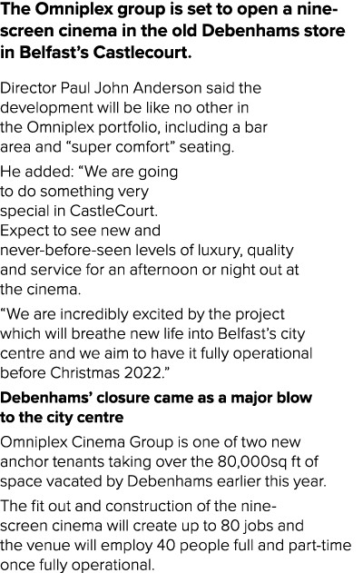 The Omniplex group is set to open a nine-screen cinema in the old Debenhams store in Belfast s Castlecourt  Director    