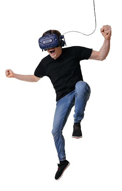 Happy man in VR glasses is screaming and making winner gesture  Concept of human emotions,facial expression, modern gadgets and technologies  Male in 3d headset is dancing isolated on white background