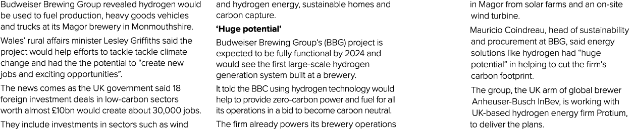 Budweiser Brewing Group revealed hydrogen would be used to fuel production, heavy goods vehicles and trucks at its Ma   