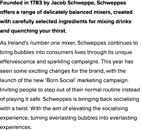 Founded in 1783 by Jacob Schweppe, Schweppes offers a range of delicately balanced mixers, created with carefully sel...