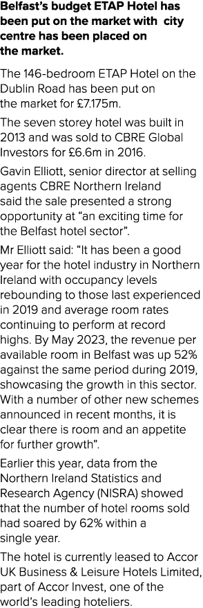 Belfast’s budget ETAP Hotel has been put on the market with city centre has been placed on the market. The 146 bedroo...