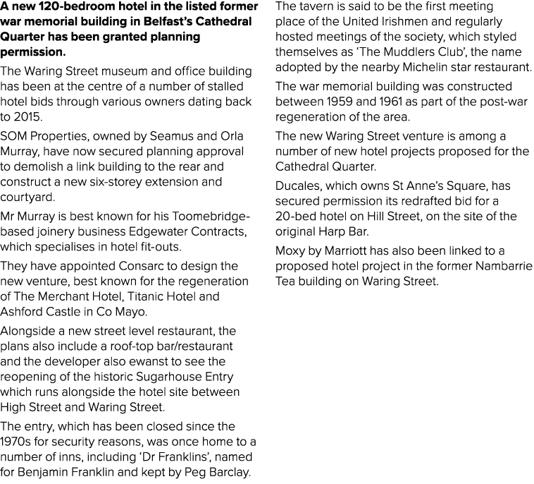 A new 120 bedroom hotel in the listed former war memorial building in Belfast’s Cathedral Quarter has been granted pl...