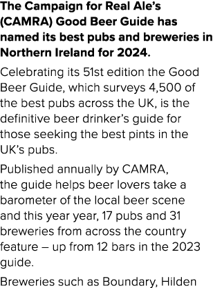 The Campaign for Real Ale’s (CAMRA) Good Beer Guide has named its best pubs and breweries in Northern Ireland for 202...