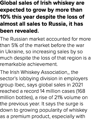 Global sales of Irish whiskey are expected to grow by more than 10% this year despite the loss of almost all sales to...