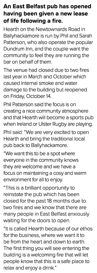 An East Belfast pub has opened having been given a new lease of life following a fire. Hearth on the Newtownards Road...