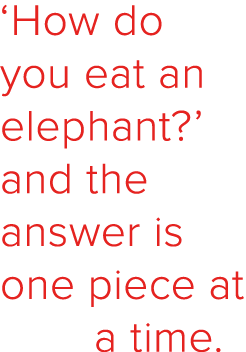 ‘How do you eat an elephant?’ and the answer is one piece at a time.