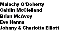 Malachy O’Doherty Caitlin McClelland Brian McAvoy Eve Hanna Johnny & Charlotte Elliott