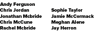Andy Ferguson Chris Jordan Jonathan Mcbride Chris McCune Rachel Mcbride Sophie Taylor Jamie McCormack Meghan Alene Ja...
