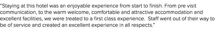 “Staying at this hotel was an enjoyable experience from start to finish. From pre visit communication, to the warm we...