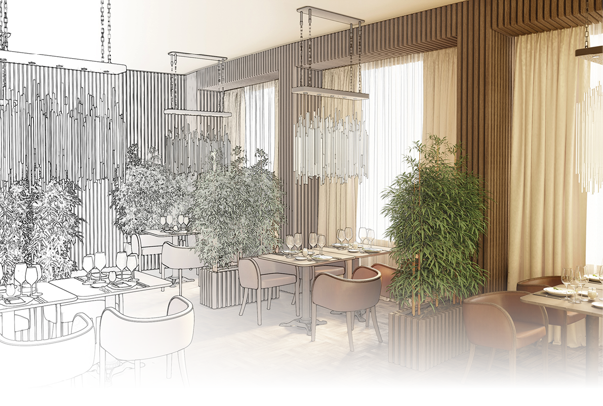 3d illustration. Drawing sketch of the restaurant becomes a real interior