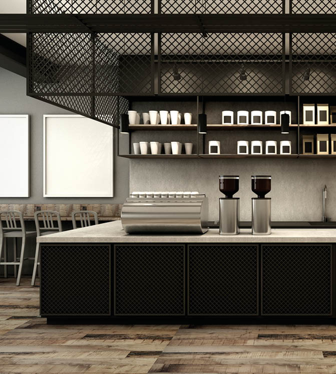 Cafe shop & Restaurant design Modern Loft counter steel black Top counter concrete.side brick wall -3D render