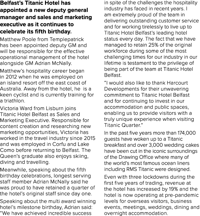 Belfast’s Titanic Hotel has appointed a new deputy general manager and sales and marketing executive as it continues ...