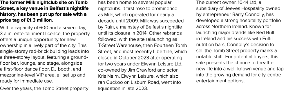 The former Milk nightclub site on Tomb Street, a key venue in Belfast’s nightlife history, has been put up for sale w...