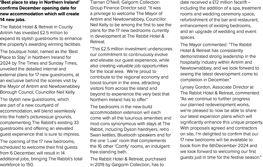 ‘Best place to stay in Northern Ireland’ confirms December opening date for new accommodation which will create 14 ne...