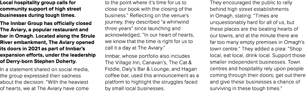 Local hospitality group calls for community support of high street businesses during tough times. The Innbar Group ha...