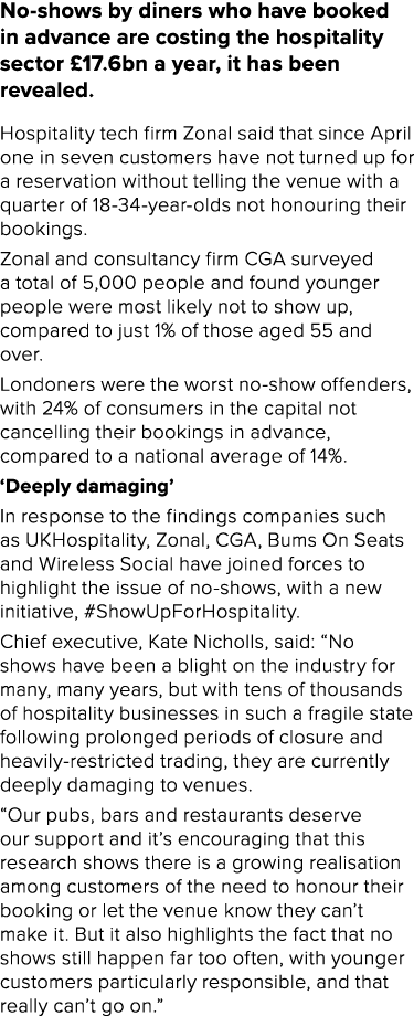 No-shows by diners who have booked in advance are costing the hospitality sector  17 6bn a year, it has been revealed   