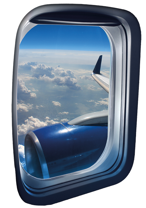 View from a jet plane window high on the blue skies