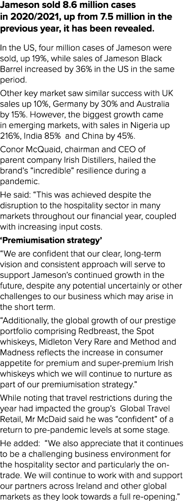 Jameson sold 8 6 million cases in 2020 2021, up from 7 5 million in the previous year, it has been revealed  In the U   