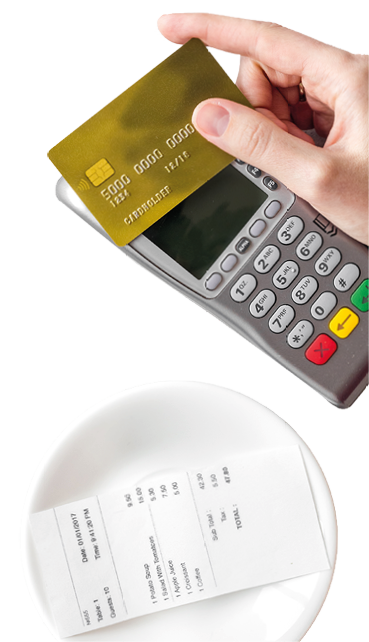 Electronic payments in restaurant  Hand bring bank card to terminal near bill on grey background top view