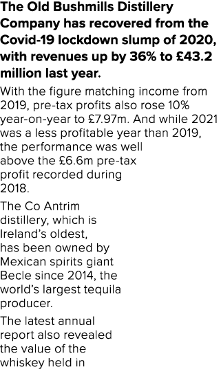 The Old Bushmills Distillery Company has recovered from the Covid-19 lockdown slump of 2020, with revenues up by 36%    