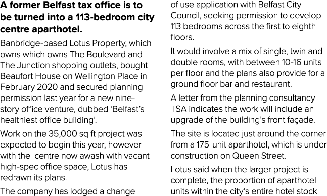 A former Belfast tax office is to be turned into a 113-bedroom city centre aparthotel  Banbridge-based Lotus Property   