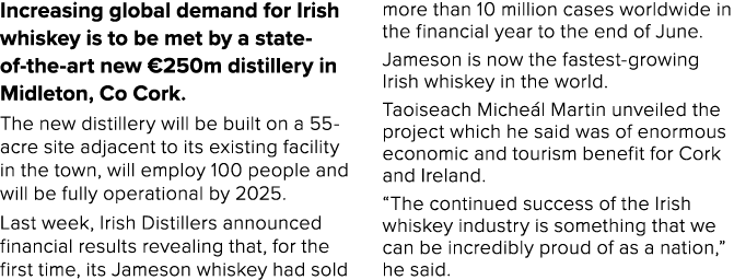 Increasing global demand for Irish whiskey is to be met by a state-of-the-art new  250m distillery in Midleton, Co Co   