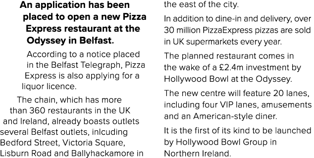 An application has been placed to open a new Pizza Express restaurant at the Odyssey in Belfast  According to a notic   