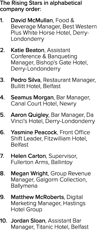 The Rising Stars in alphabetical company order: 1  David McMullan, Food & Beverage Manager, Best Western Plus White H   