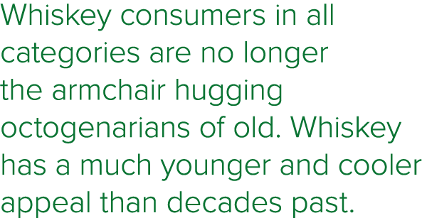 Whiskey consumers in all categories are no longer the armchair hugging octogenarians of old  Whiskey has a much young   