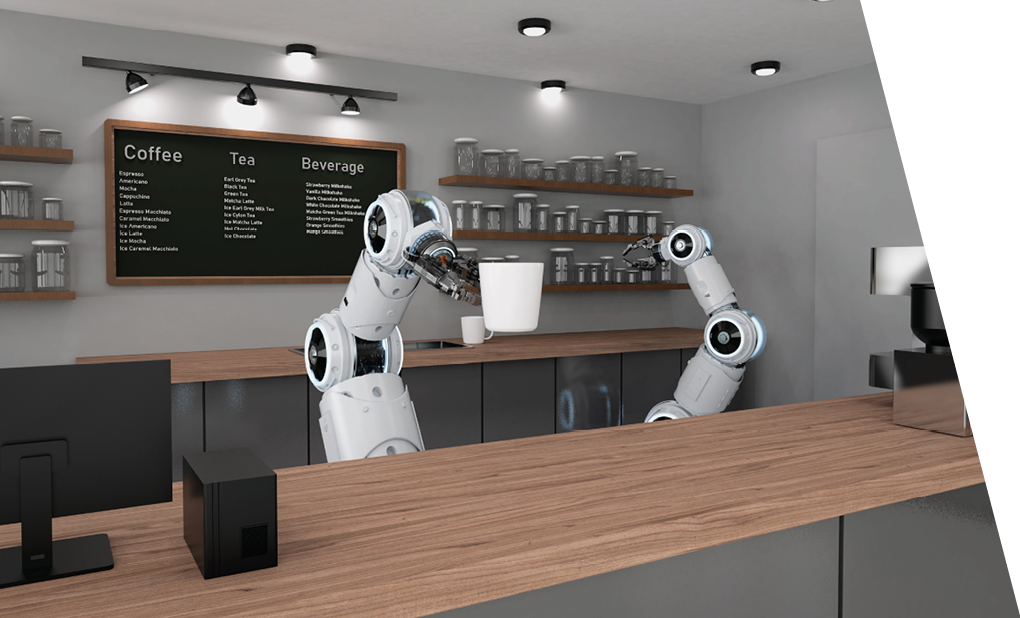 Automation cafe or coffee shop concept with 3d rendering robotic barista serve cup of coffee 