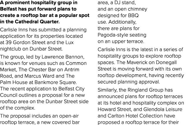 A prominent hospitality group in Belfast has put forward plans to create a rooftop bar at a popular spot in the Cathe...